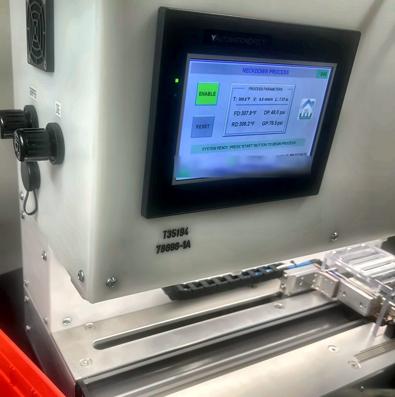 Touchscreen showing the neckdown process settings for temperature, speed and pressure